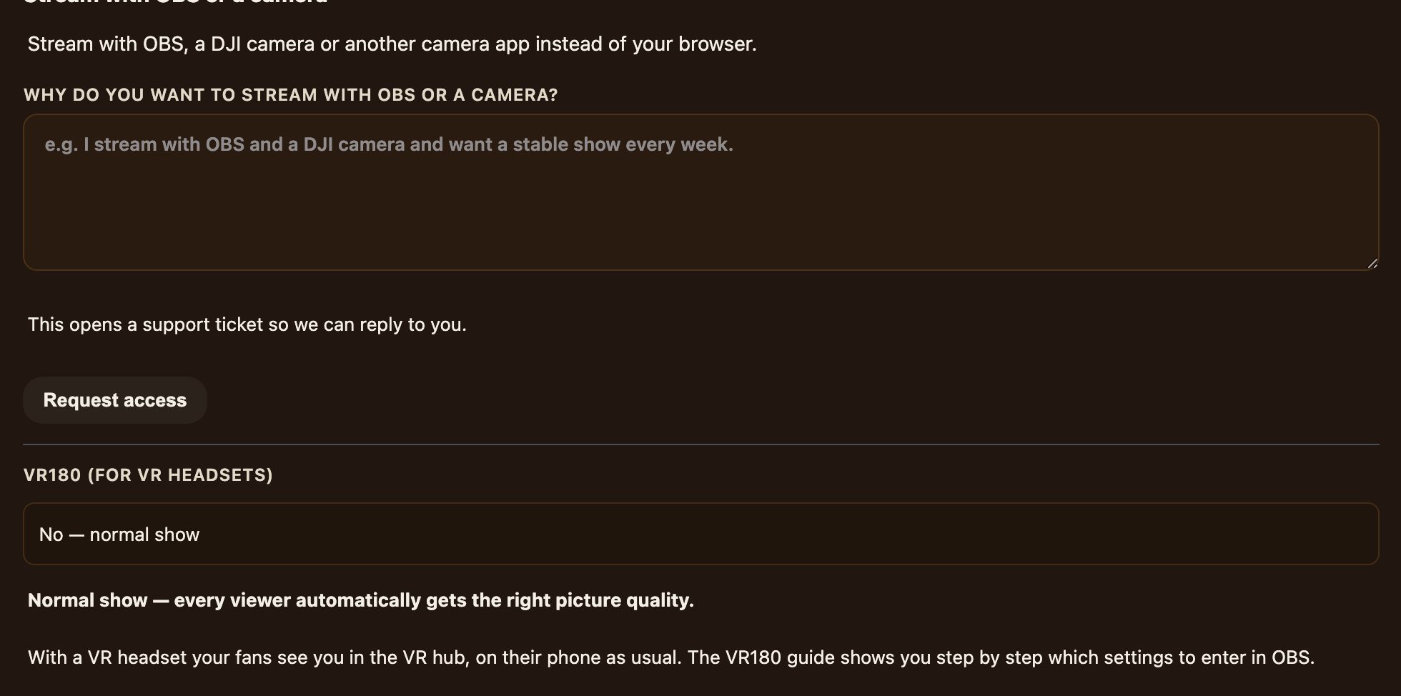 Livestream studio external-encoder panel: server URL, stream key, full URL, Connect encoder, Rotate.