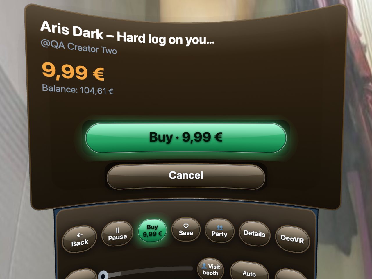 The buy dialog in the dome: price, balance, Buy.
