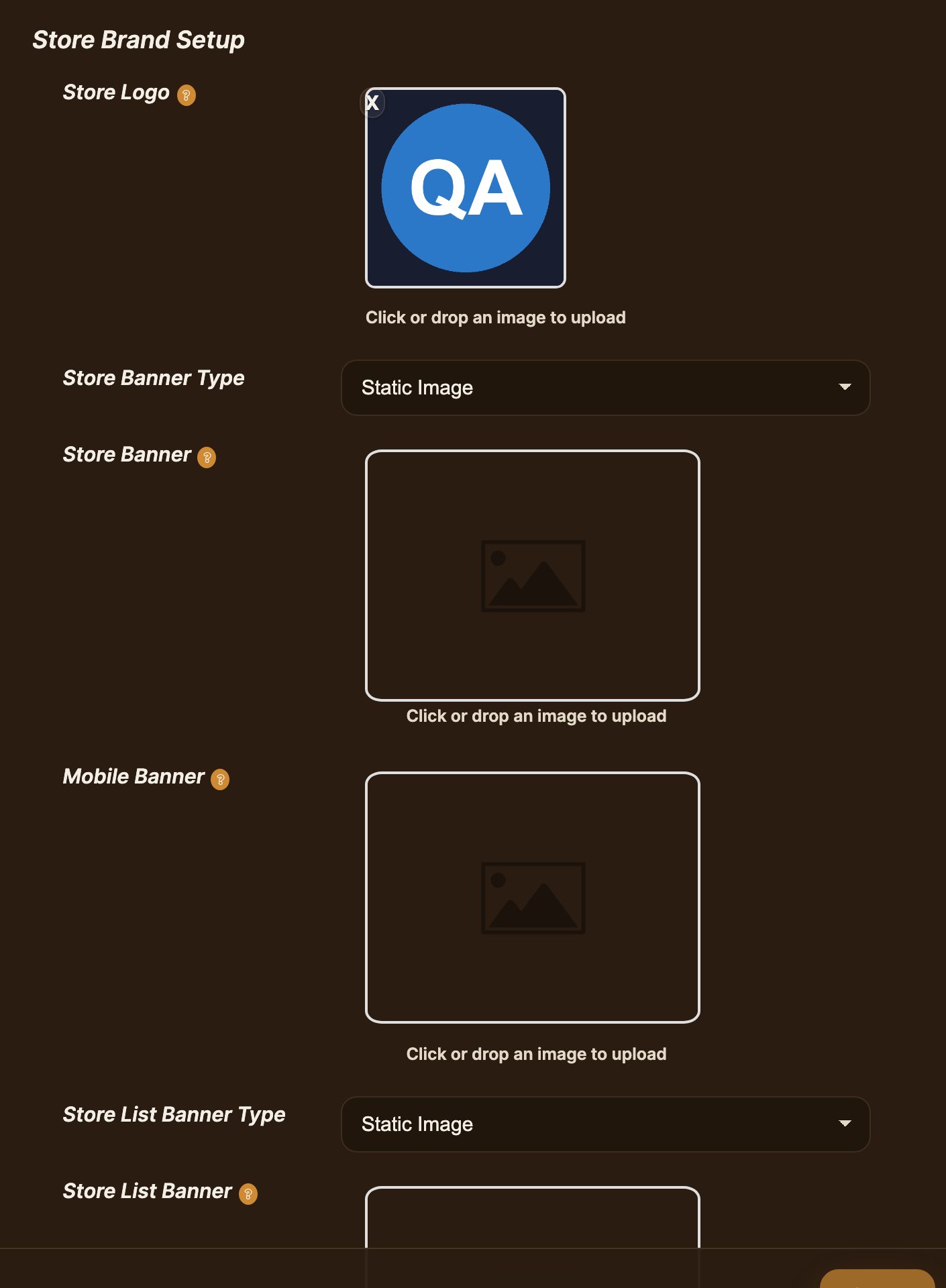 Settings, Store Brand Setup, with the VR180 broadcast field at the bottom.