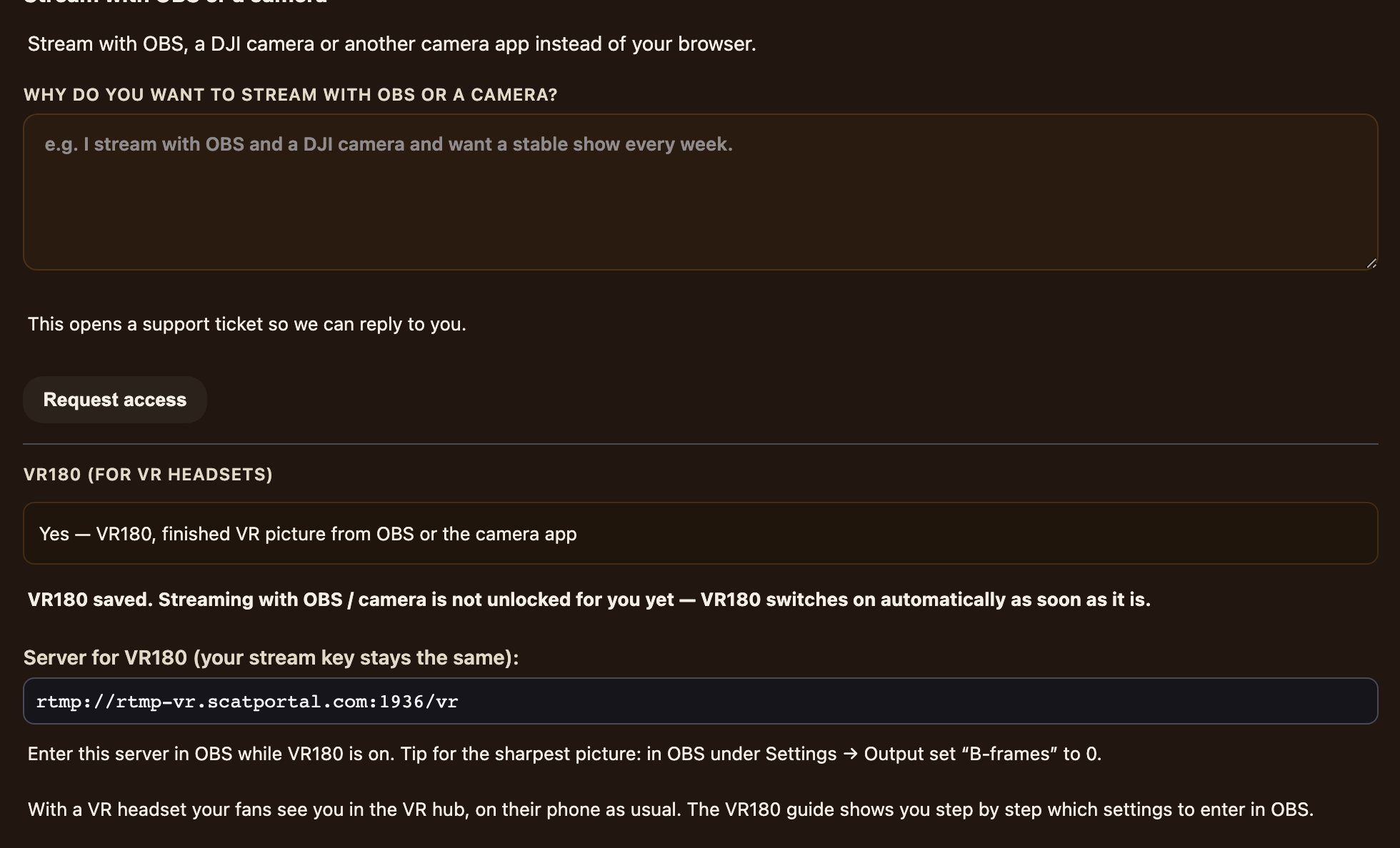 The VR180 broadcast select set to Yes, with the line "VR180 on — ingress: one 4K layer".